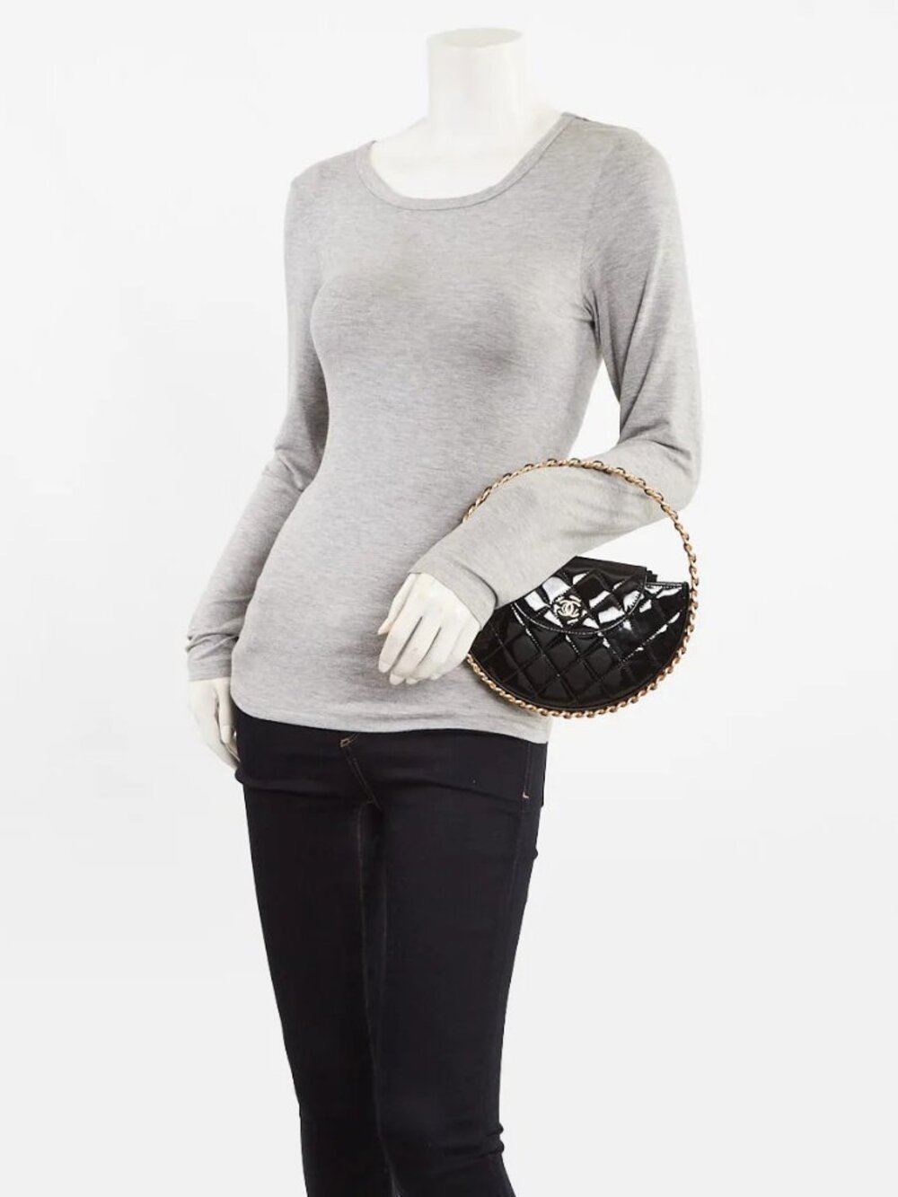 Chanel Black Quilted Patent Leather Chain Hoop Bag